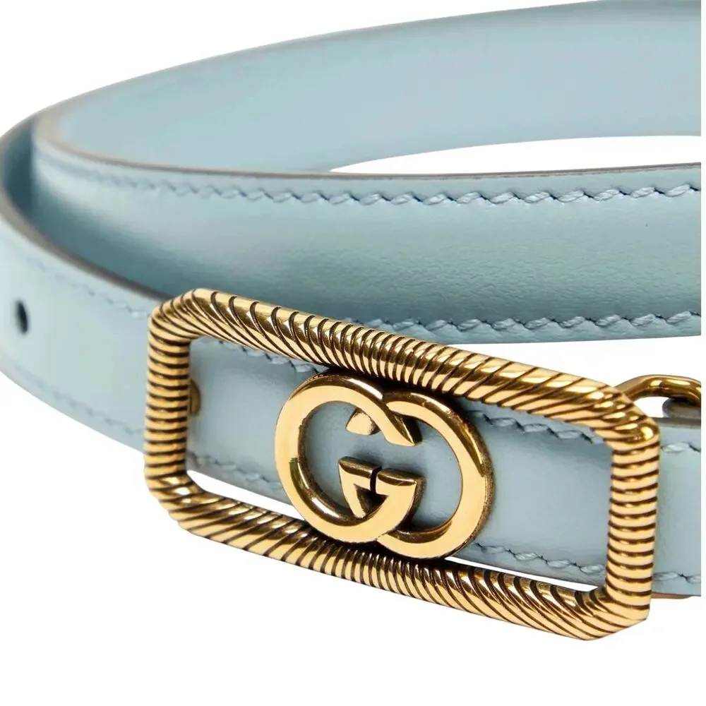 GUCCI Women's Thin Belt w/ Interlocking G Buckle Light Blue Leather SZ 90cm NEW